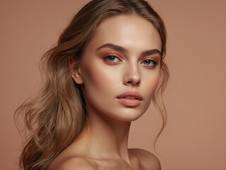 Fototapeta premium Beautiful young Arab woman, flawless, radiant skin cosmetology and skin care concept. Peach fuzz color background