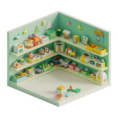 A toy store with a green wall and shelves full of toys