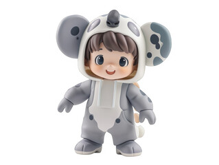 A small child wearing a panda costume stands in front of a white background