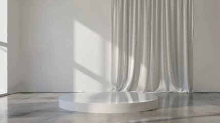 A white room with a white curtain and a white pedestal