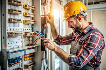 Professional electrician checking the wiring in a complex electrical panel, ensuring safety and functionality