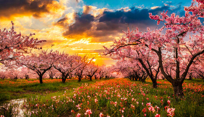 Field of Flowers and Cherry Trees