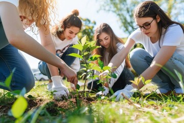 Young people planting trees in a park.