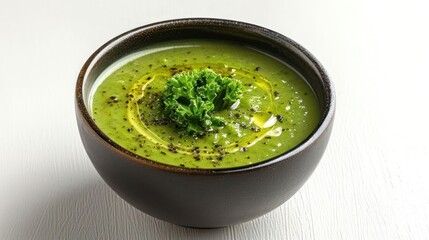 bowl of green vegetable cream soup isolated on white background, top view