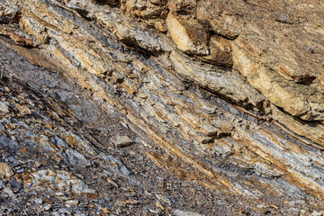 Geological rock strata erosion layers, rough natural texture, outdoor weathered formation