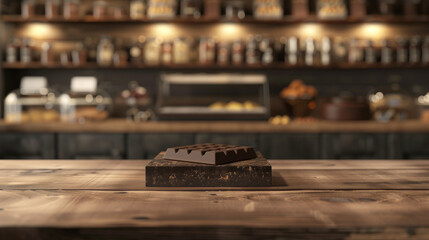 A chocolate bar sits on a wooden table in front of a counter