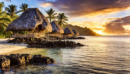 Thatched Huts on a Tropical Island
