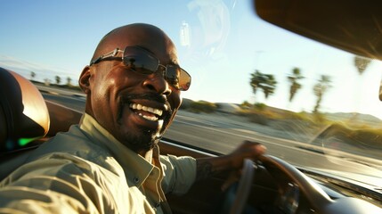 The excitement on a mans face as he speeds down the highway in a highend convertible.