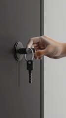 Detailed 3D illustration of a hand inserting a key into a modern door lock, set against a neutral background for clarity