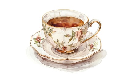 Minimalist watercolor illustration of a vintage teacup, prominently displayed on a clean white backdrop