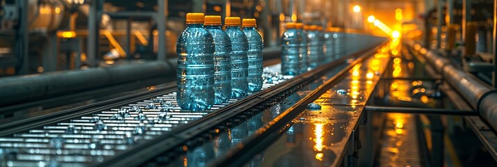 A row of plastic bottles move along a conveyor belt, being filled with a refreshing beverage