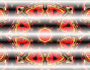 Abstract, a symmetrical pattern with a kaleidoscope effect combining shades of red, yellow, and black, against a predominantly grey background