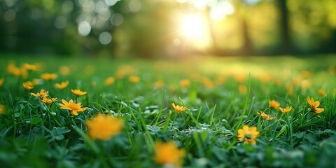 Sunburst peeks over lush greenery, spotlighting a field of blooming yellow flowers