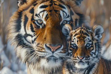 Obraz premium Tiger and cub in snowy habitat, showcasing their deep bond and striking coat patterns, a portrait of wild family life. 