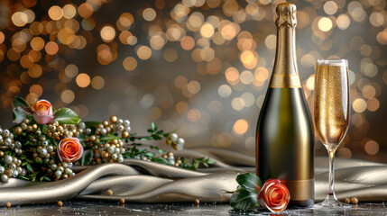 New Year's Eve celebration with champagne and roses.