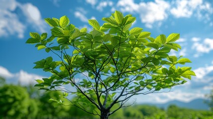 Obraz premium Tree branches reaching for the sky on a sunny day with a beautiful blue sky and white clouds in the background.
