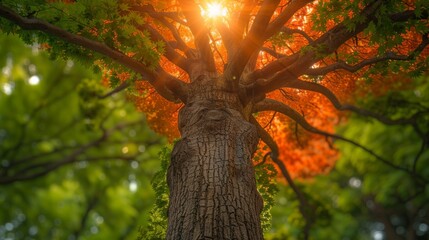 Huge tree with a lush green and orange leaves canopy reaching for the sun rays