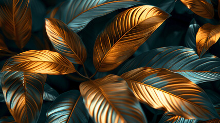 Wall mural wallpaper with a black and gold abstract background Tropical leaves wall art design with dark blue and green color palette Modern wall mural wallpaper with a shiny golden light texture.