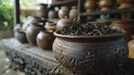 A pot of rare aged tea leaves that have been carefully stored and passed down through generations of tea enthusiasts.