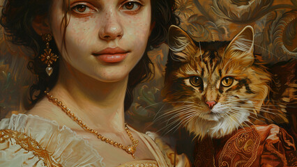 Medieval Portrait of a Noble Girl and Her Cat - obrazy, fototapety, plakaty