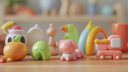 A variety of colorful childrens toys, including figurines, animals, and vehicles, are artfully arranged on a wooden surface.