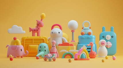 Obraz premium A vibrant collection of various children toys displayed on a yellow background.
