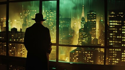 Shadowy figure of a mafia boss in a dimly lit room, planning his next move with the city skyline in the background