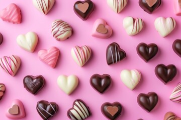 Obraz premium Assorted heart-shaped chocolates on a pink background.