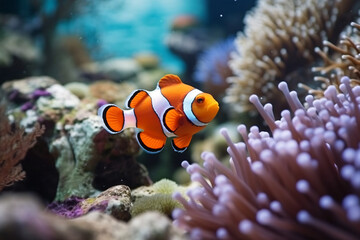 Clownfish Portrait: Orange and White Striped Fish Amidst Coral and Anemones in Aquarium Setting