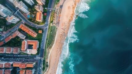 An aerial view of a city by the waterfront showcasing urban design, architectural buildings, and natural landscapes including condominiums, houses, and art installations AIG50