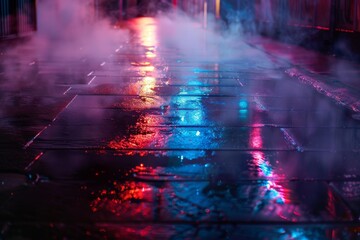 Neon lights and smoke on wet street