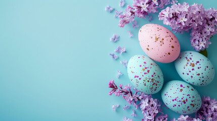 Fototapeta premium Easter eggs, spring flowers, and lilac are presented on a light blue background, showcasing minimalistic simplicity, pastel academia, and a subtle use of color in dark turquoise