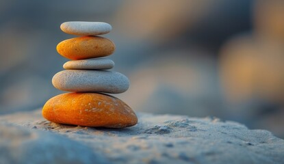 A stack of pebbles is presented on a table, showcasing calm and meditative aesthetics, color gradients, balanced asymmetry, dusty piles, and light orange and light gray colors.