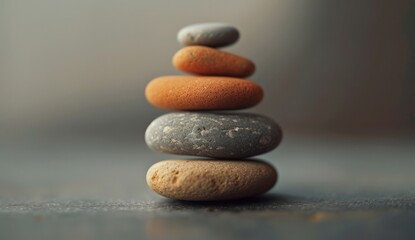 A stack of pebbles is presented on a table in front of a gray background, showcasing dreamlike symbolism, calm and meditative aesthetics, faded palates, symmetrical balance - Powered by Adobe