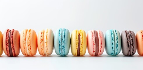 A row of colorful macarons, dark beige and cyan in color, is presented on a white background,...