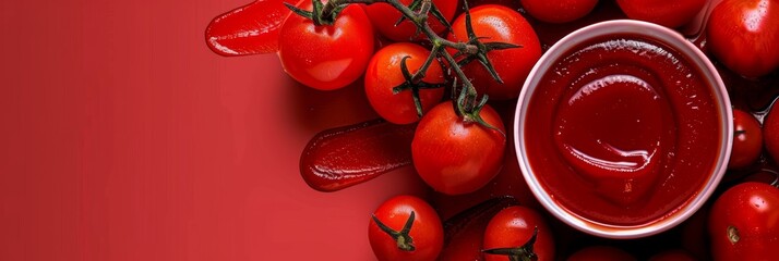 fresh tomatoes and tomato ketchup sauce on a red background