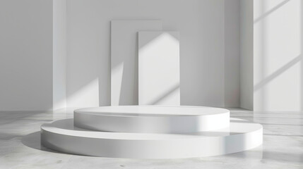 A white stage with two levels and a white wall behind it
