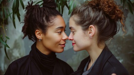 Two women gazing into each other's eyes, a moment of love and connection captured in their shared space