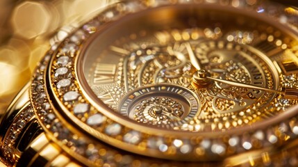 A timepiece with intricate gold detailing glimmers under the light a symbol of wealth and opulence.