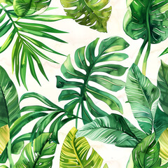 seamless pattern with green leaves, Hand drawn watercolor seamless pattern with tropical leaves.
