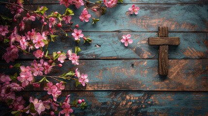 Springtime Reflections: Wooden Cross and Blossoming Flowers in Wide Banner