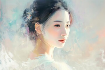 closeup fashion portrait of pretty asian woman in white dress digital painting