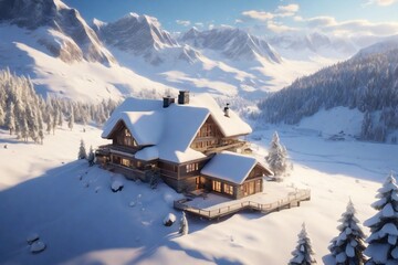  Visualize a stunning aerial view of a snow-covered landscape, complete with a cozy house and towering mountains.  