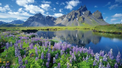 Stokksnes, Iceland: Vestrahorn Mountain & Scenic Lake with Blue Skies, Purple Flowers & Green Grass