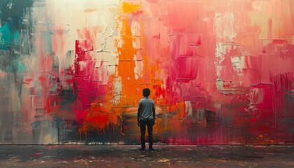 Artist painting an abstract concept on a large canvas, colorful, expressive studio,