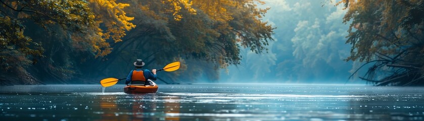 The image shows a person kayaking in a river surrounded by trees