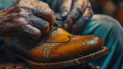 A closeup of a shoemaker skillfully adding tiny details such as perforations or broguing to a shoe.