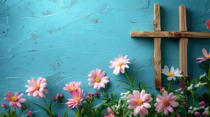 Christian Easter Celebration with Wooden Cross and Spring Flowers on Blue Background - Perfect for Palm Sunday, Chrismnaing, or Church Weddings