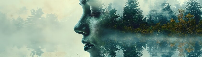 The photo shows the profile of a human face. The face is made up of a forest, a lake, and a mountain. The image is very serene and beautiful.