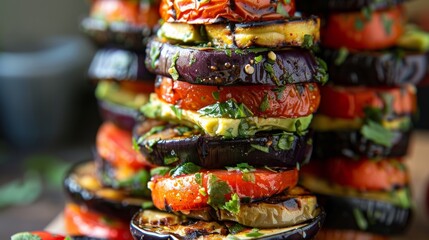 A tower of stacked veggie sliders with layers of grilled eggplant roasted tomatoes and avocado.